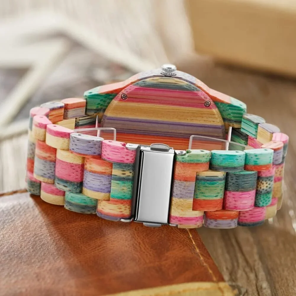Men's Q1057 Handmade Colorful Bamboo Engraved Analog Quartz Wooden Watch